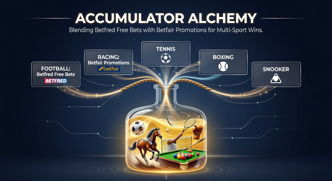Dynamic illustration of intertwined betting slips from Betfred and Betfair forming an accumulator chain across football pitches, race tracks, tennis courts, boxing rings, and snooker tables