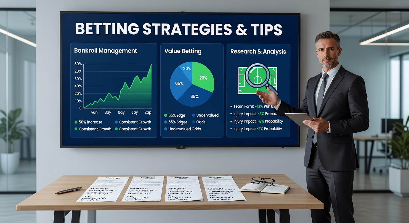 Dynamic scene of a bettor reviewing multiple screens with live odds, charts, and event footage, embodying multi-layered strategy analysis