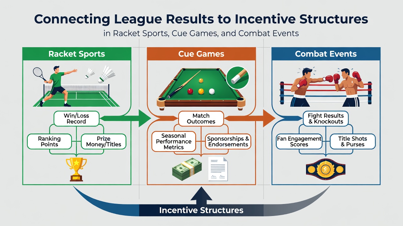 Athletes in racket sports, cue games, and combat events analyzing performance data and league standings on digital displays