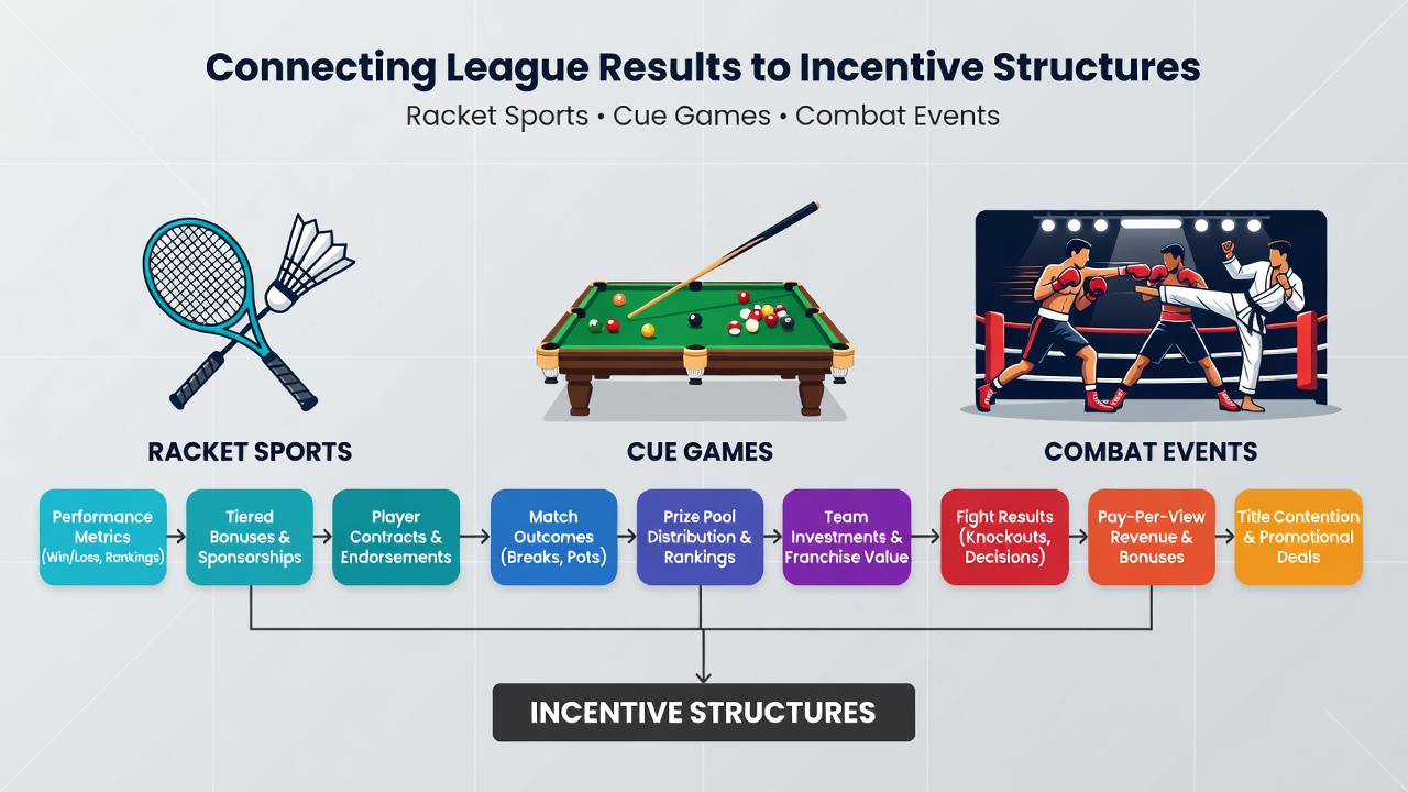 Coaches and analysts reviewing combat sports and cue game league tables alongside incentive payout charts in a training facility