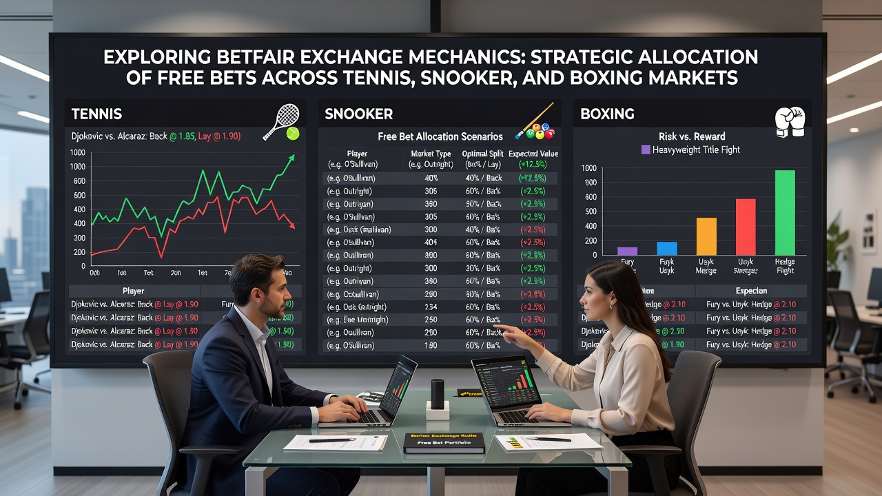 Betfair Exchange interface showing tennis market odds and free bet allocation options