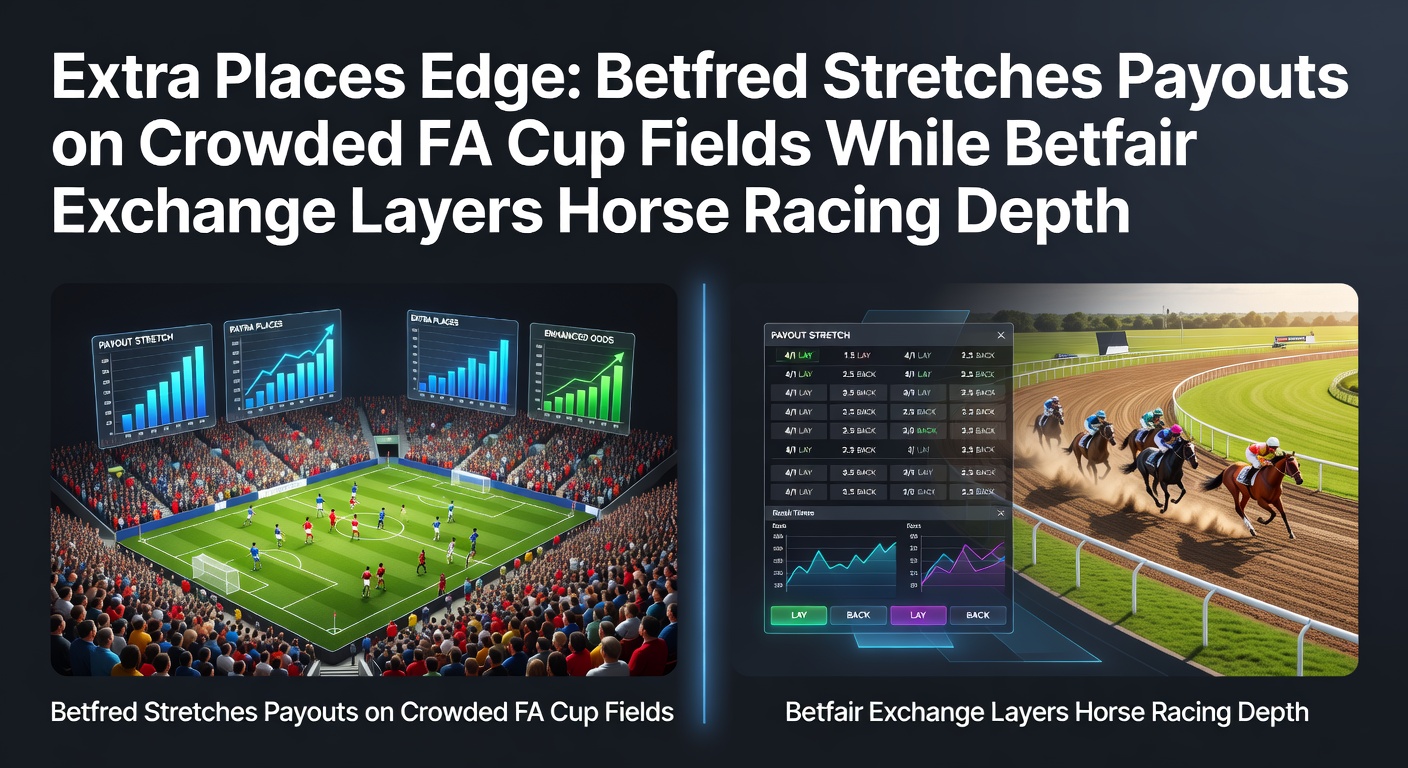 Betfred extra places graphic overlaid on a crowded FA Cup match field with punters celebrating extended payouts