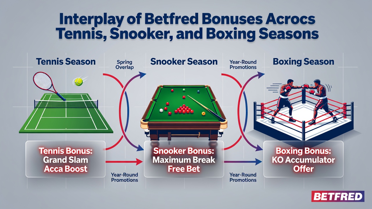 Split view of tennis court, snooker table, and boxing ring with overlaid Betfred bonus icons