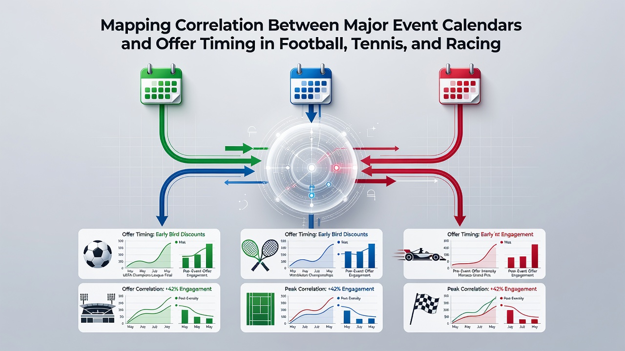 Detailed timeline graphic linking tennis majors, football fixtures, and racing festivals to specific offer release dates