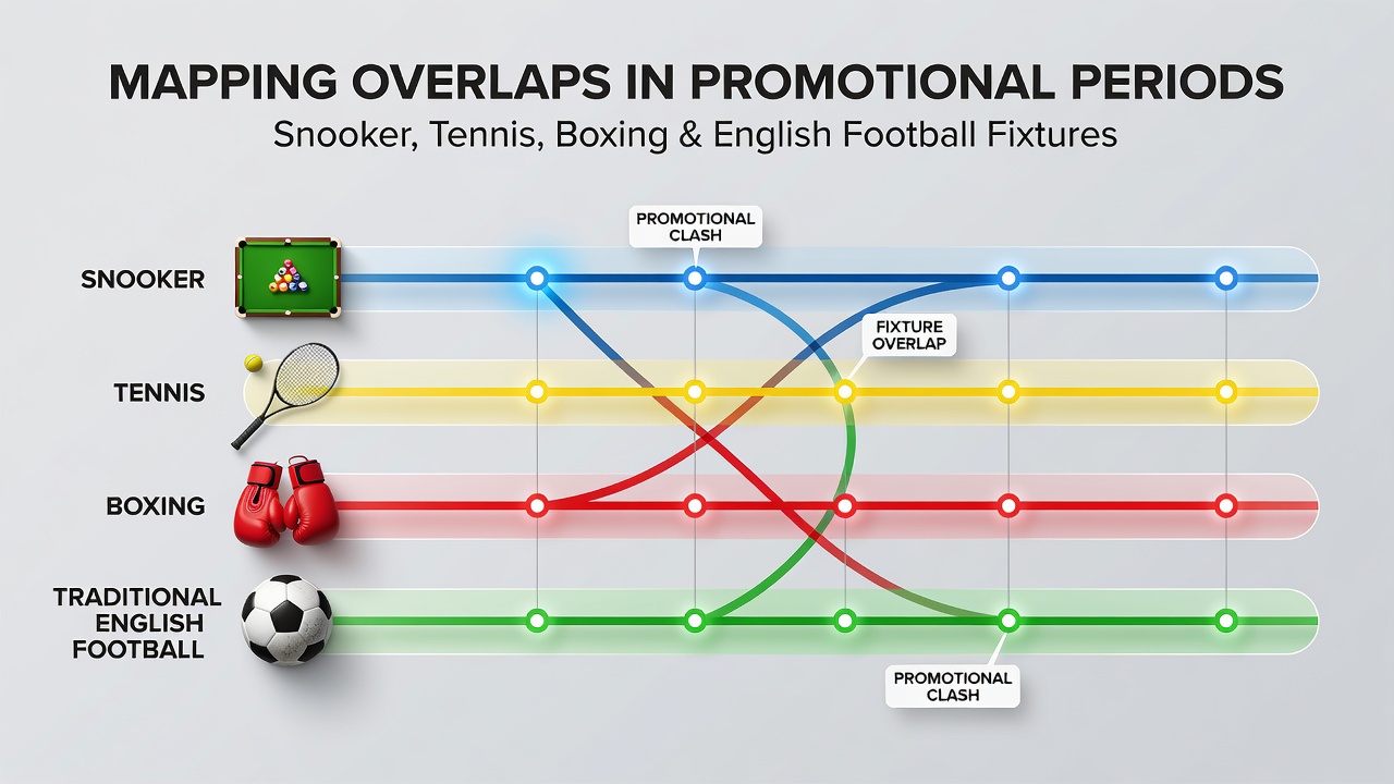 Calendar visualization showing overlapping sports events and promotional windows across snooker, tennis, boxing and football fixtures