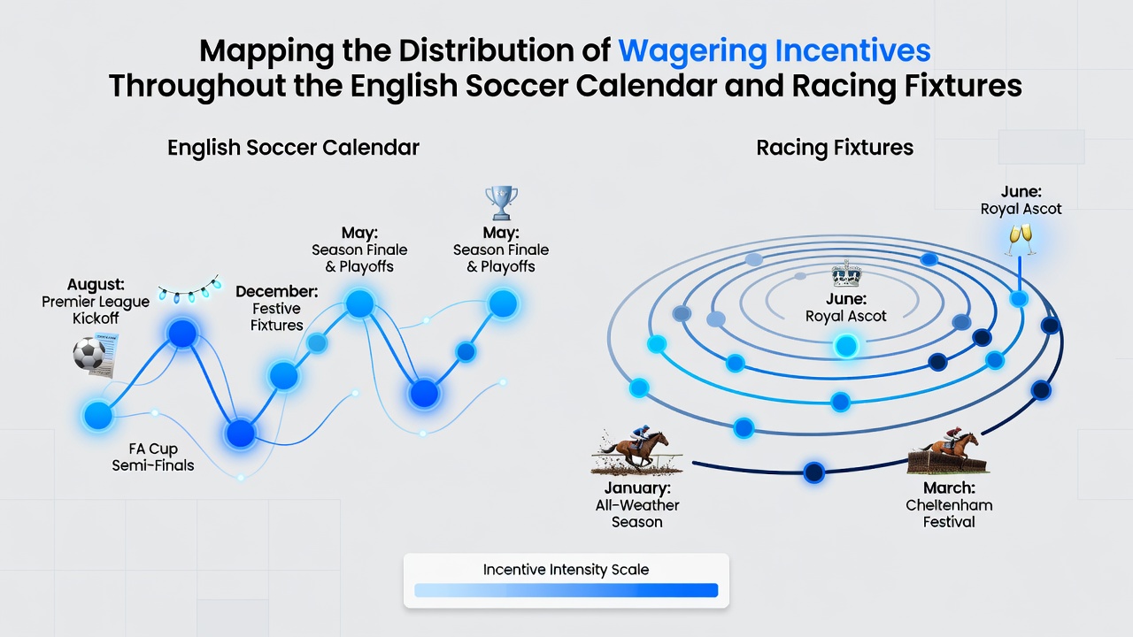Visual overview of English soccer and horse racing calendars with overlaid promotional incentive markers
