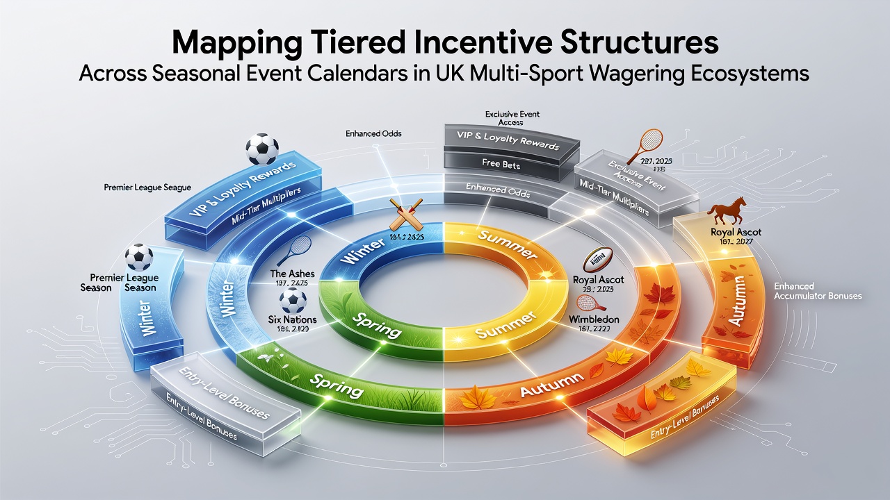Diagram showing tiered betting incentives mapped across UK seasonal sports calendars including football, horse racing and tennis events