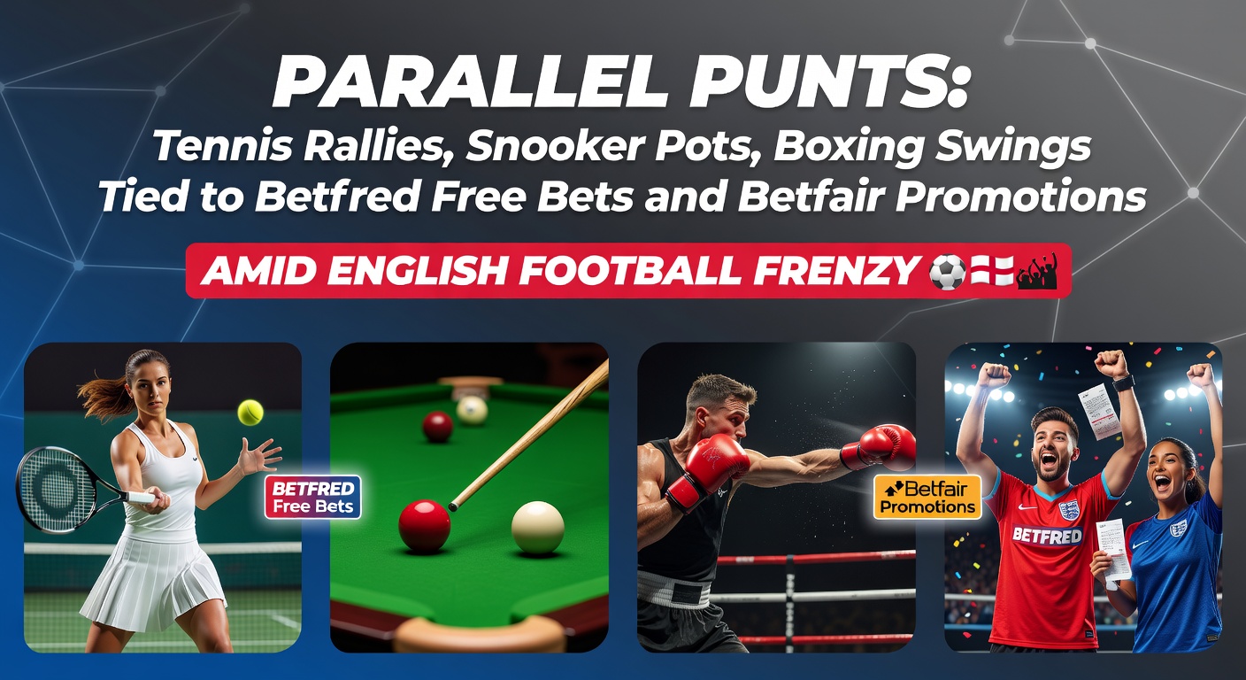 Dynamic collage showing tennis rally action, a snooker pot in progress, a boxing swing landing, overlaid with Betfred and Betfair betting interfaces during a Premier League match