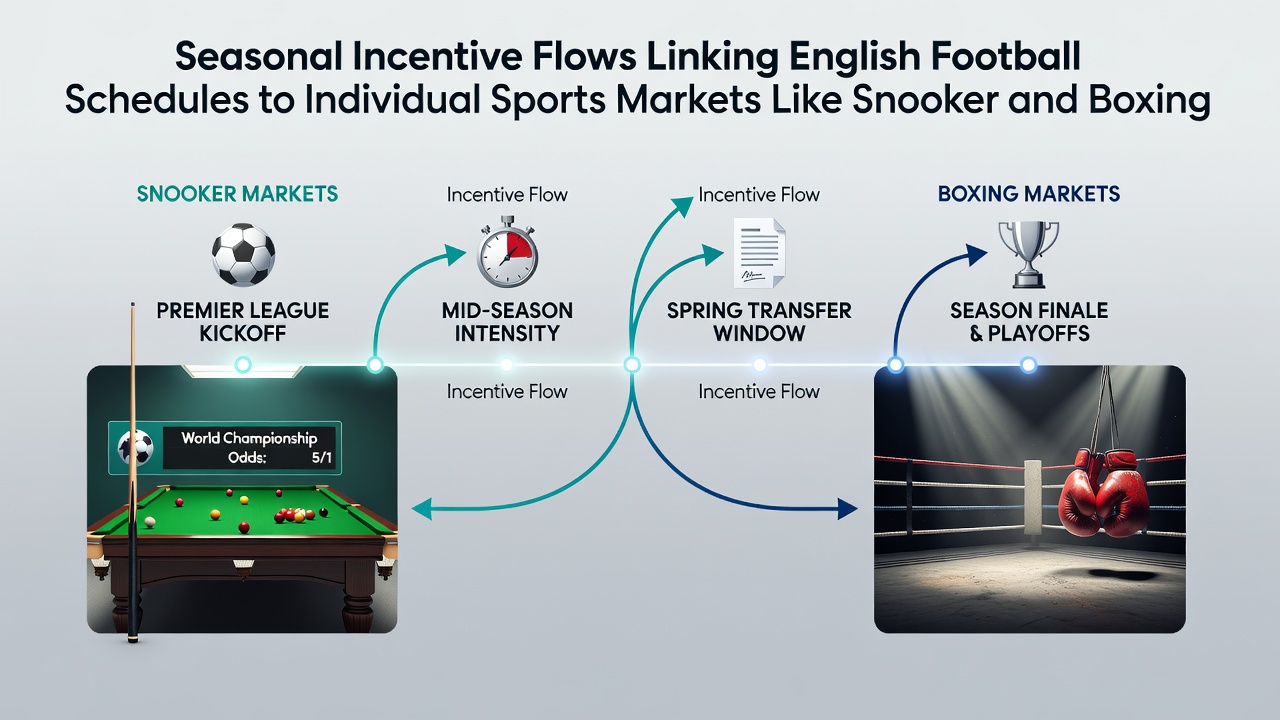 English football pitch transitioning into snooker table and boxing ring visuals showing seasonal overlaps