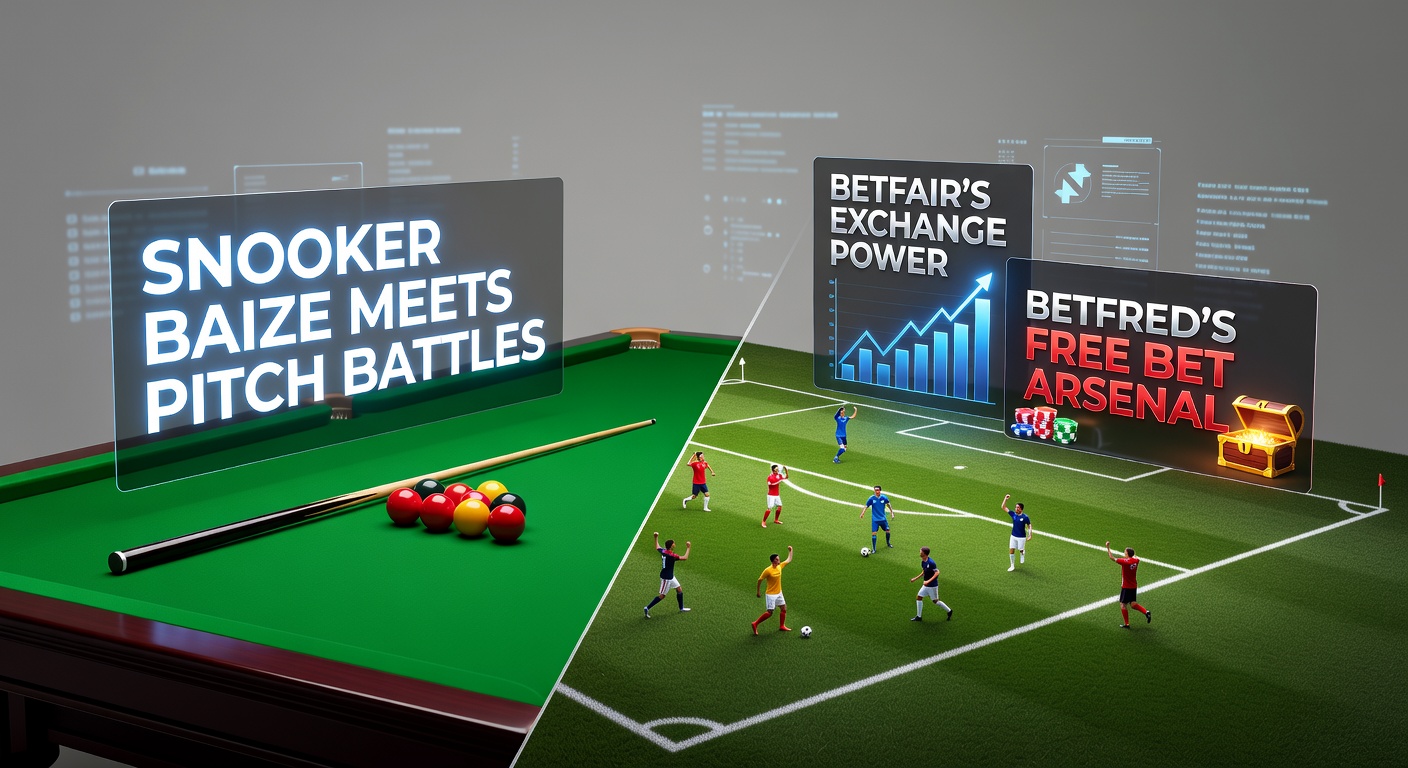 Betfair exchange screen showing live snooker and football odds next to Betfred free bet claim interface, capturing real-time trading action