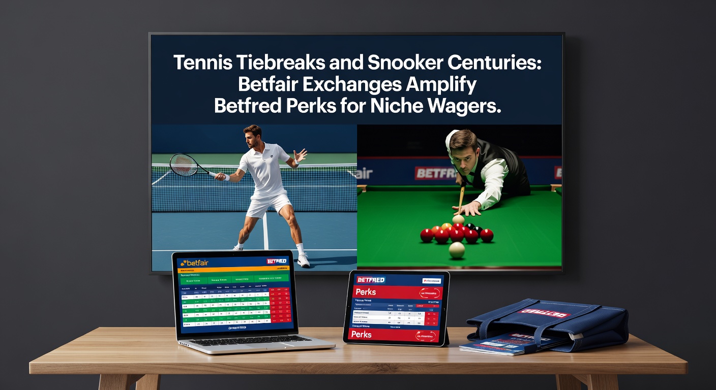 Betfair Exchange interface displaying live tennis tiebreak markets alongside snooker century props, with Betfred promo banners highlighted